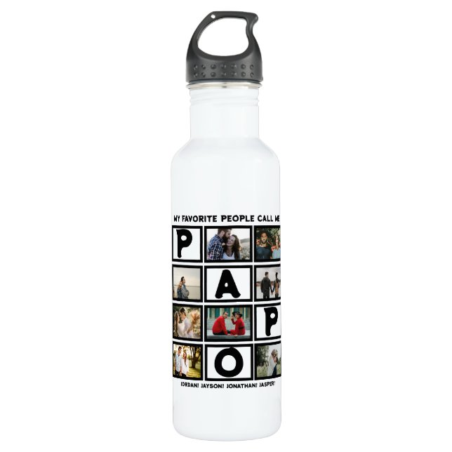 Custom Modern Grandpa Papo 8 Photo Collage Stainless Steel Water Bottle (Front)