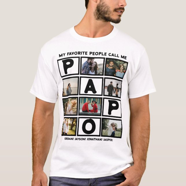 Custom Modern Grandpa Papo 8 Photo Collage T-Shirt (Front)