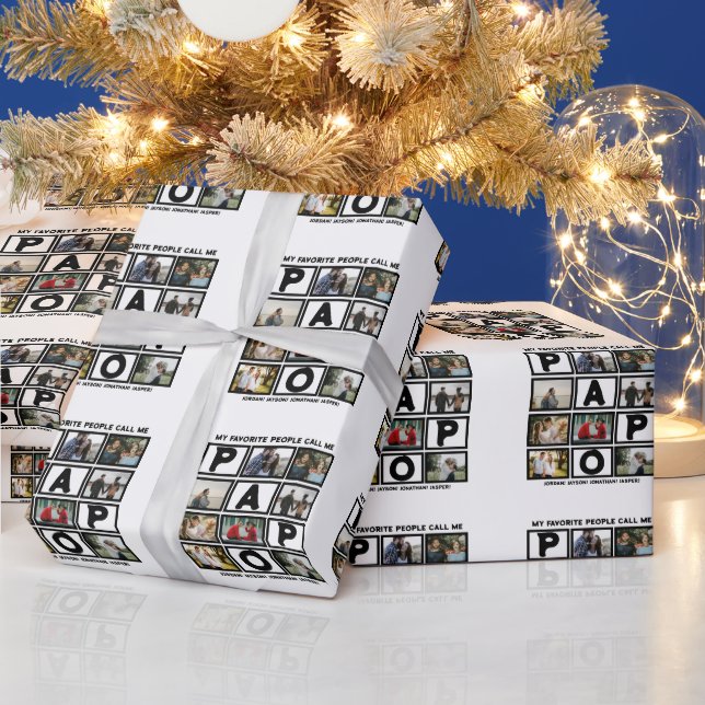 Custom Modern Grandpa Papo 8 Photo Collage Wrapping Paper (Holidays)