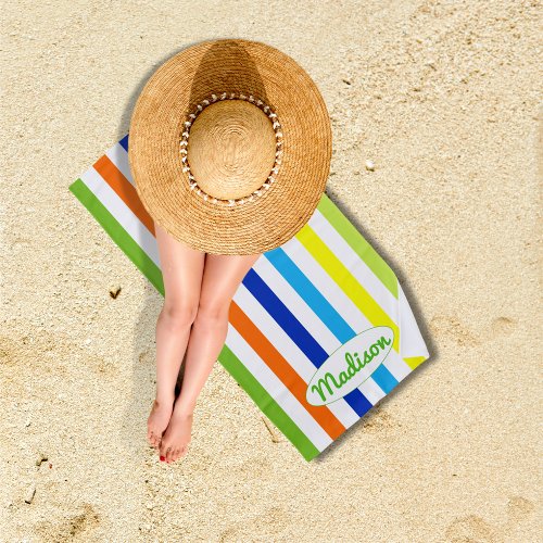 Custom Modern Green Blue Orange Yellow Stripes Beach Towel