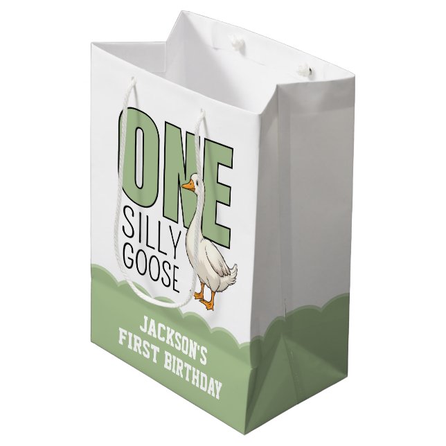 Custom Modern Green One Silly Goose First Birthday Medium Gift Bag (Front Angled)