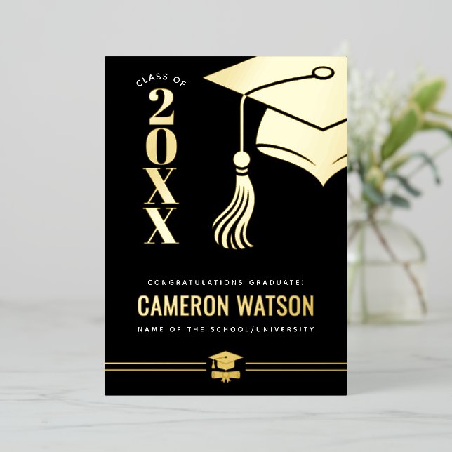 Custom Modern Hat and Tassel Graduation Foil Card (Standing Front)