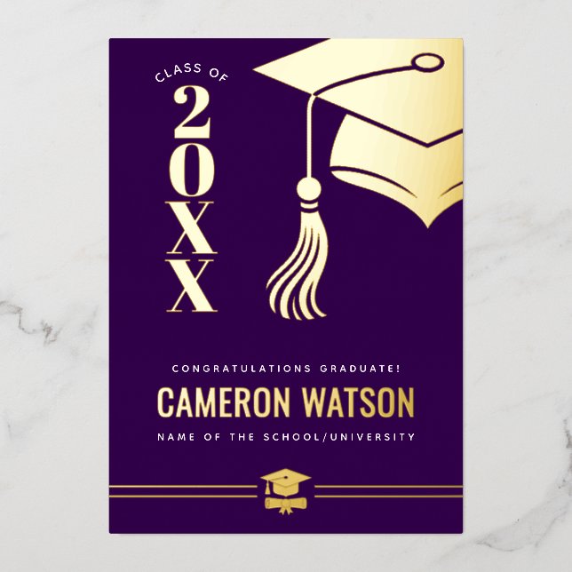 Custom Modern Hat and Tassel Graduation Foil Card (Front)