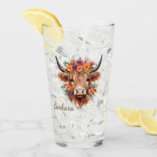 Custom Modern Highland Cow Boho with Flowers Glass