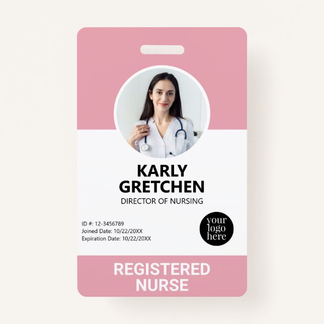 Custom Modern Hospital Employee Photo ID Pink Badge (Front)