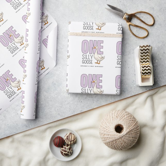 Custom Modern Lilac One Silly Goose First Birthday Wrapping Paper (Crafts)