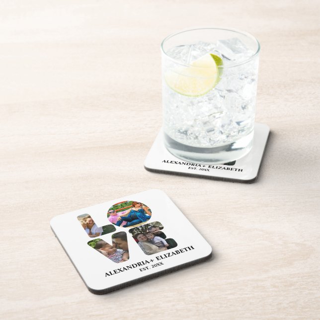 Custom modern love 4 photo collage for couples beverage coaster (Right Side)
