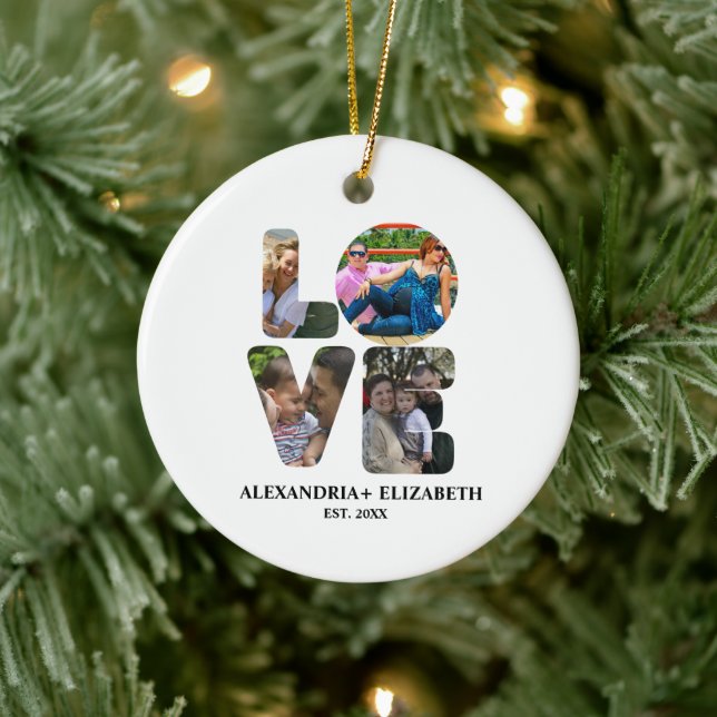 Custom modern love 4 photo collage for couples ceramic ornament (Tree)