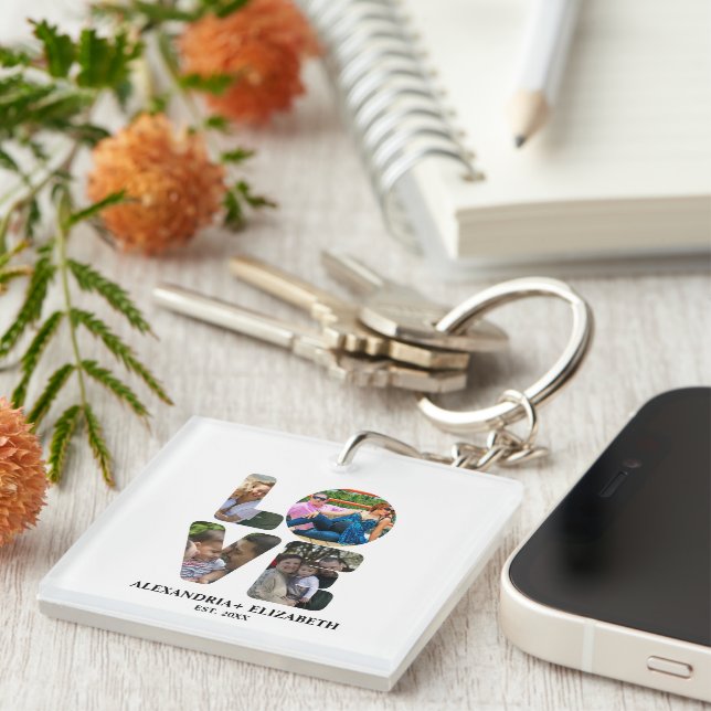 Custom modern love 4 photo collage for couples keychain (Front Right)