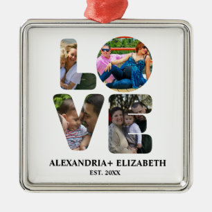 Custom modern love 4 photo collage for couples metal ornament