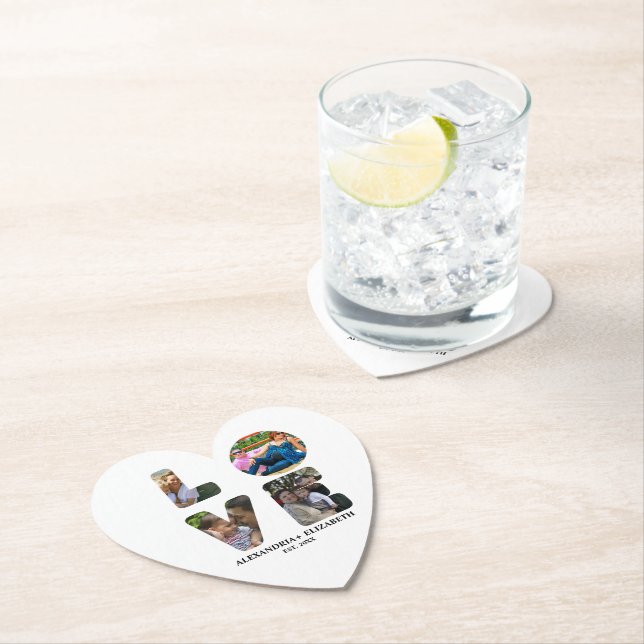 Custom modern love 4 photo collage for couples paper coaster (Insitu)