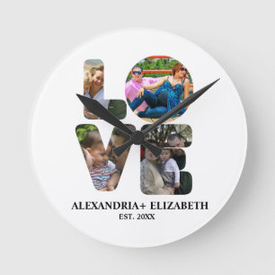Custom modern love 4 photo collage for couples round clock