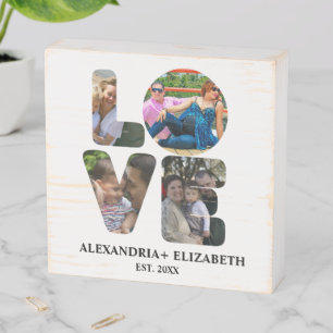 Custom modern love 4 photo collage for couples wooden box sign