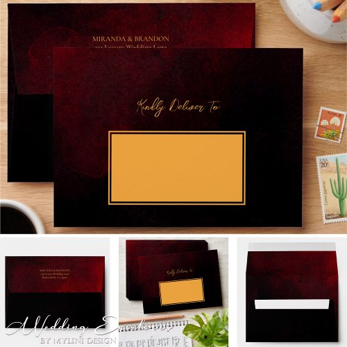 Custom Modern Luxury Gold Black Red Wedding Envelope