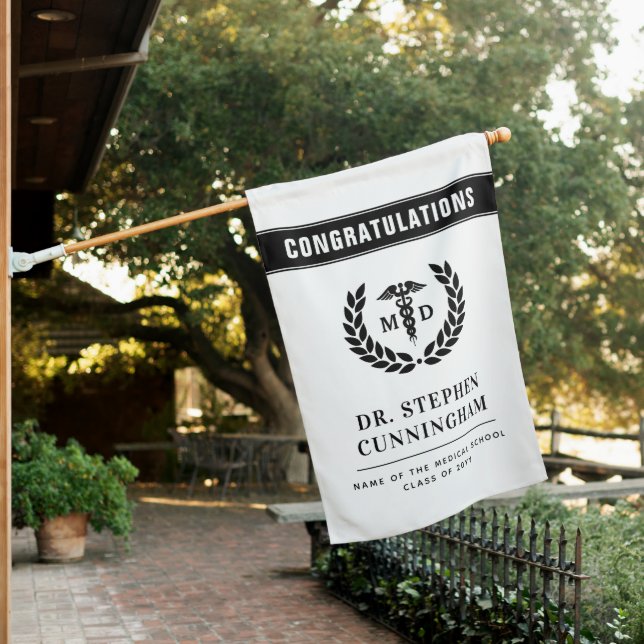 Custom Modern MD Medical School Graduation House Flag (In SItu)