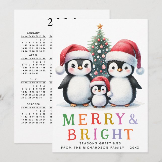 Custom Modern Merry and Bright Penguin Christmas Holiday Card (Front/Back)