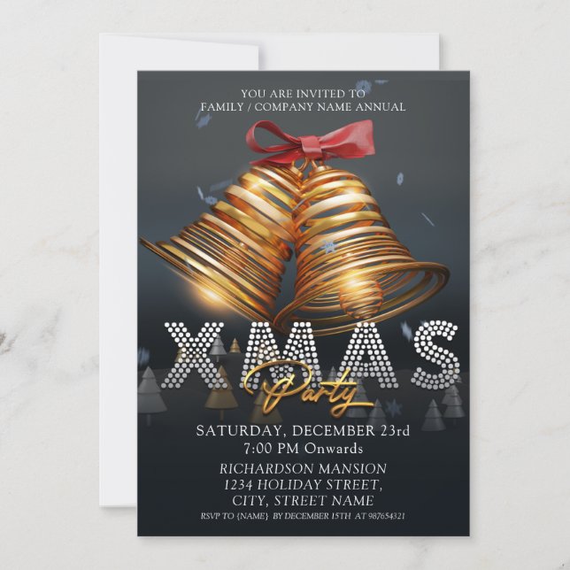 Custom Modern Merry Christmas Bells Black Gold Red Invitation (Front)