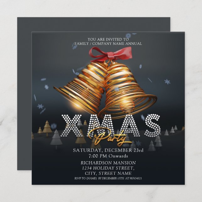 Custom Modern Merry Christmas Bells Black Gold Red Invitation (Front/Back)