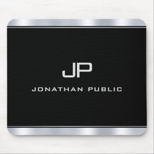 Custom Modern Metallic Silver Look Monogram Mouse Pad