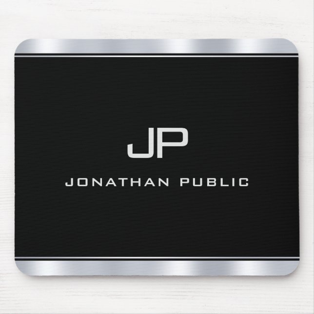 Custom Modern Metallic Silver Look Monogram Mouse Pad (Front)