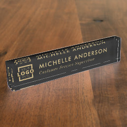 Custom Modern Minimalist Business Logo Black Gold Desk Name Plate