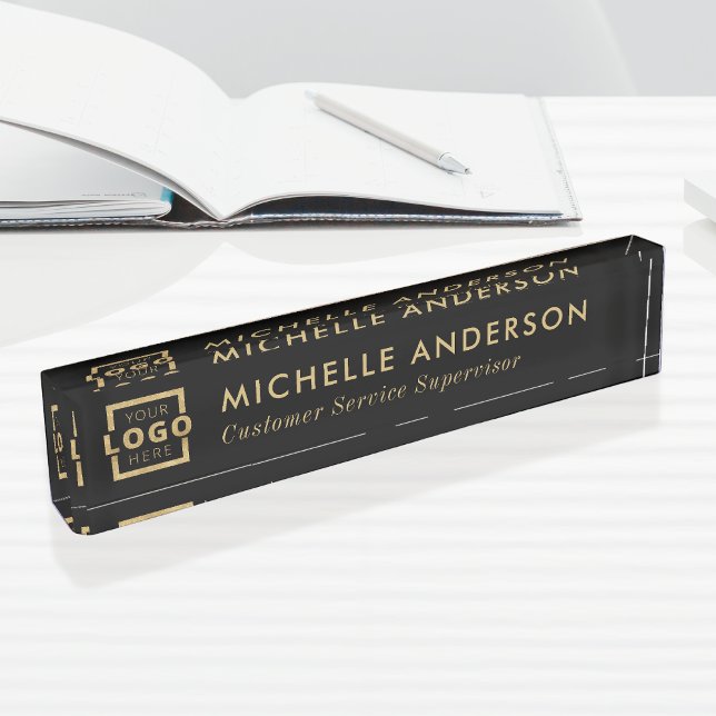 Custom Modern Minimalist Business Logo Black Gold Desk Name Plate (Creator Uploaded)