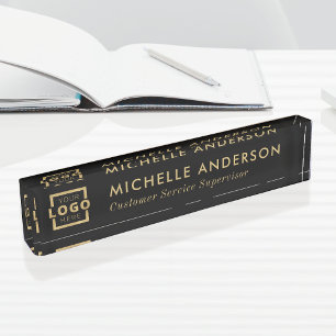 Custom Modern Minimalist Business Logo Black Gold Desk Name Plate