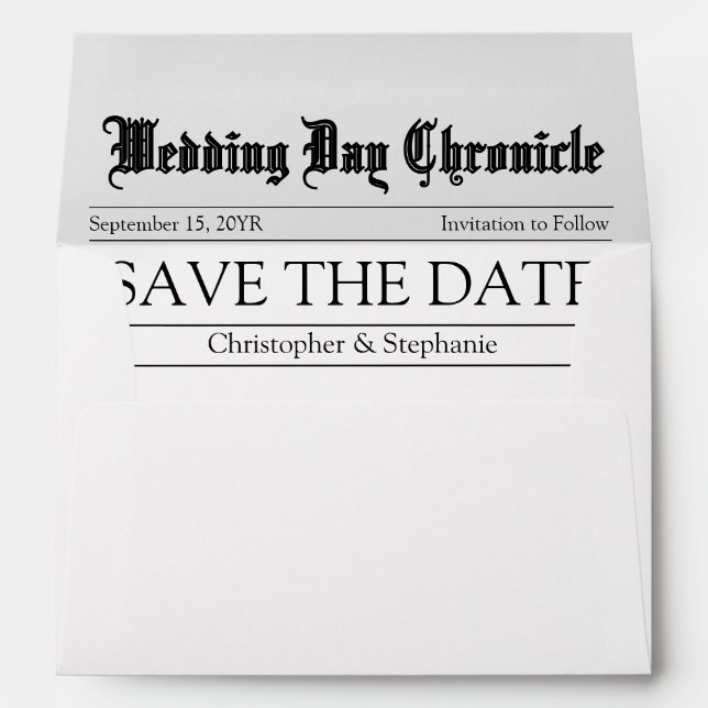 Custom Modern Minimalist Newspaper Save the Date Envelope (Back (Bottom))