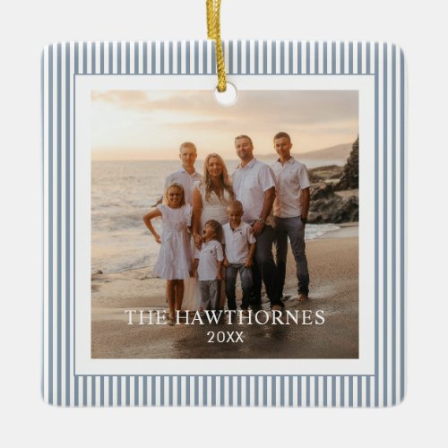 Custom Modern Minimalist Stripe Family Photo Ceramic Ornament