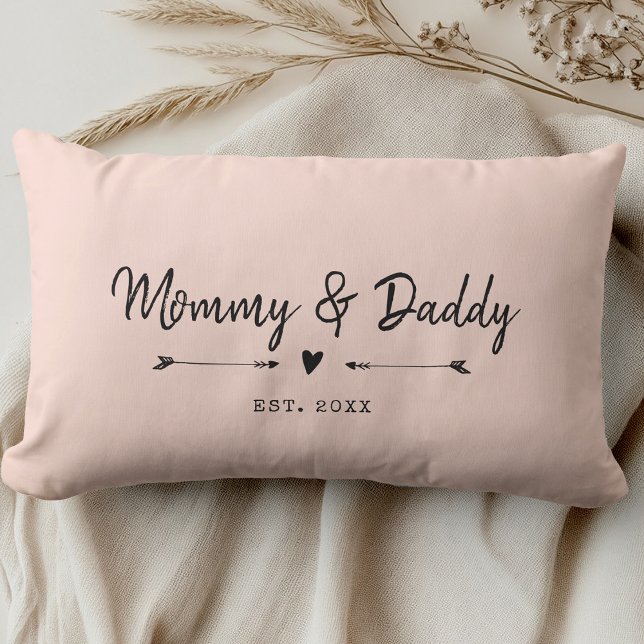 Custom Modern Mommy & Daddy New Parents Blush Pink Lumbar Pillow (Creator Uploaded)
