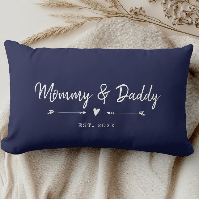 Custom Modern Mommy & Daddy New Parents Dark Navy Lumbar Pillow (Creator Uploaded)
