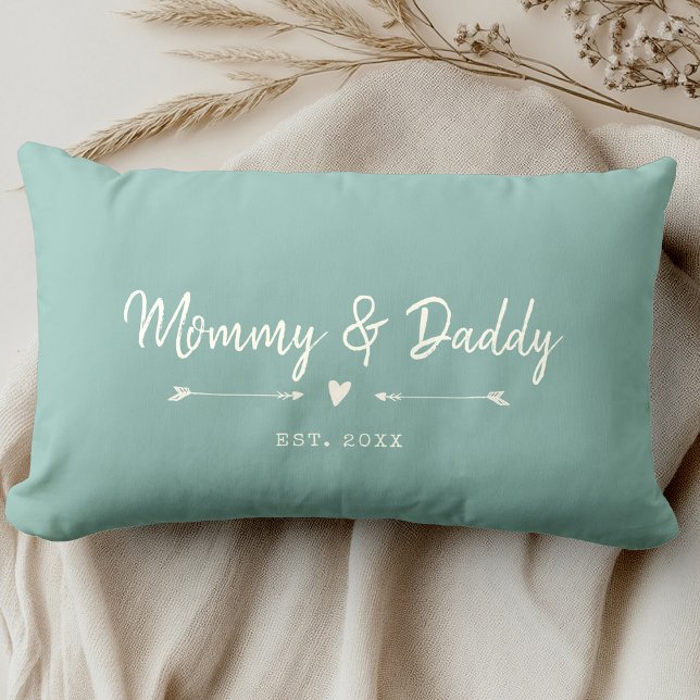 Custom Modern Mommy & Daddy New Parents Dusty Sage Lumbar Pillow (Creator Uploaded)