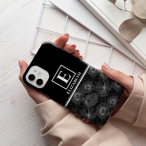Custom Modern Monogram Black and White Floral iPhone 13 Pro Max Case