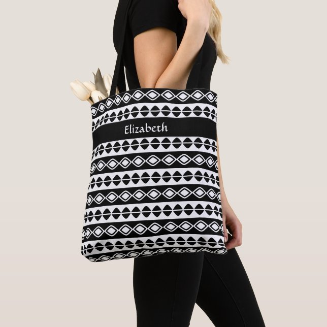 Custom Modern Monogram Initial Stylish Black White Tote Bag (Close Up)