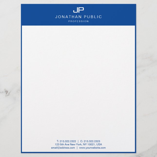 Custom Modern Monogram Initial Template Blue White Letterhead (Front)