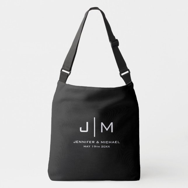 Custom Modern Monogram Wedding Couple Large Black Crossbody Bag (Front)