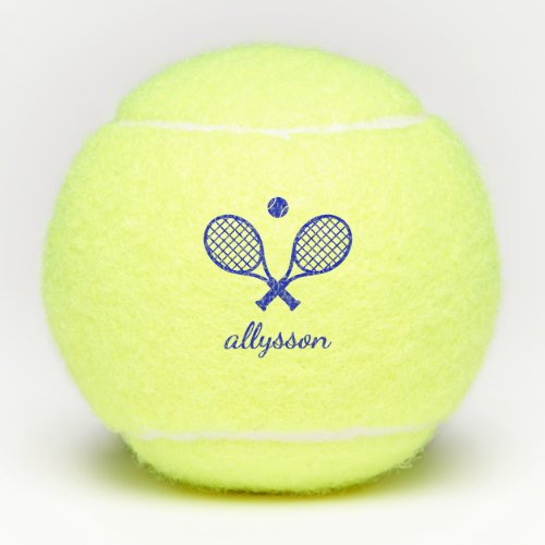 Personalized tennis ball with two rackets and a tennis ball and the name "Allysson" printed on it 