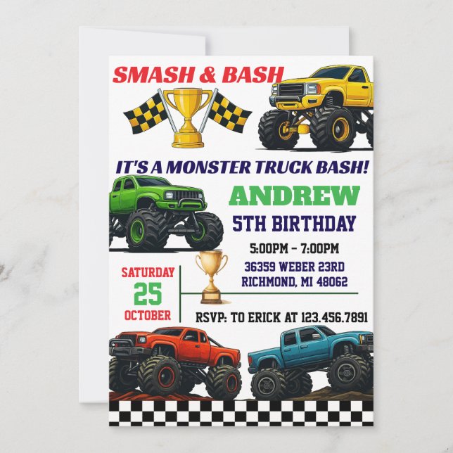 Custom Modern Monster Truck Boys Party Birthday Invitation (Front)