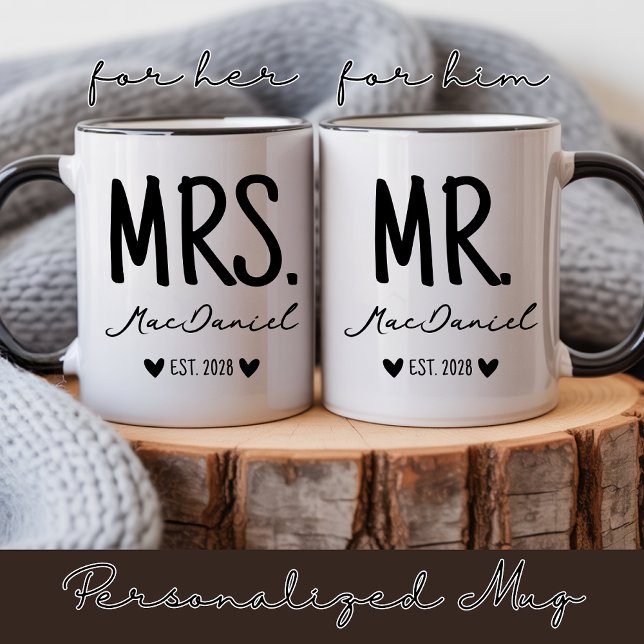 Custom Modern Mr and Mrs Mug Gift for Newlyweds (Personalized Wedding Mug Gift for Bride and Groom, Custom Mr and Mrs Mug Bachelorette Party Gift)