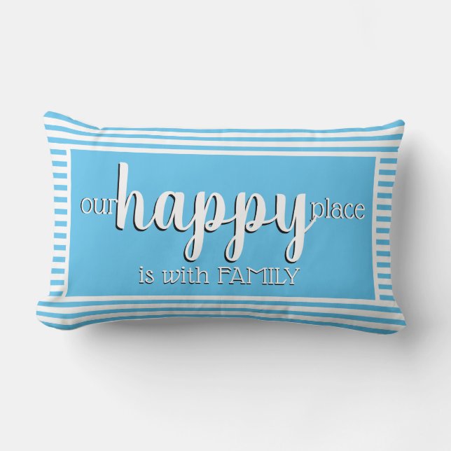 Custom Modern My Happy Place Family Blue Stripe Lumbar Pillow (Front)