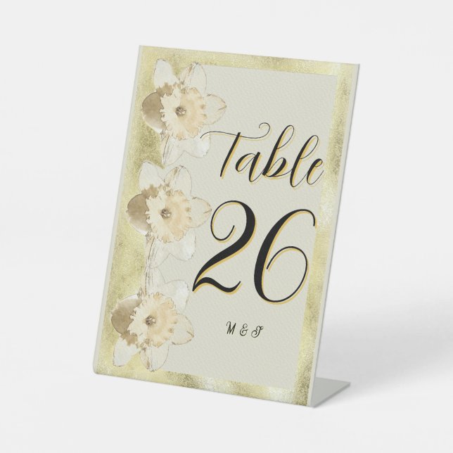 Custom modern narcissus flower with gold frame pedestal sign (Front)