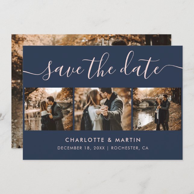 Custom Modern Navy Blue and Blush Wedding 4 Photo Save The Date (Front/Back)