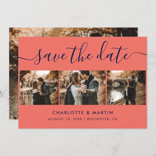 Custom Modern Navy Blue and Coral Wedding 4 Photo Save The Date