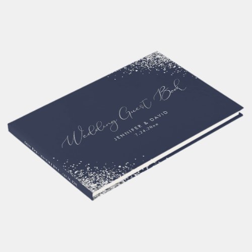 Custom Modern Navy Blue and Silver Glitter Wedding Guest Book