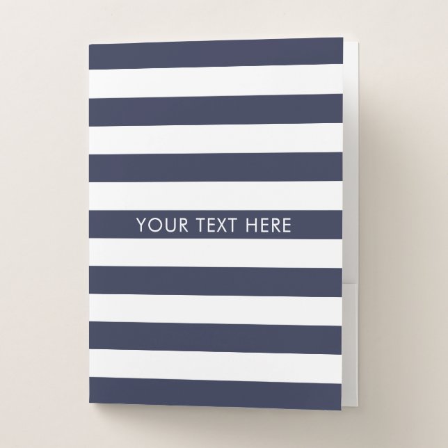 Custom modern navy blue and white stripe nautical pocket folder (Front)
