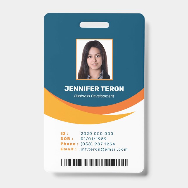 Custom Modern Navy Employee ID Card with barcode Badge (Front)