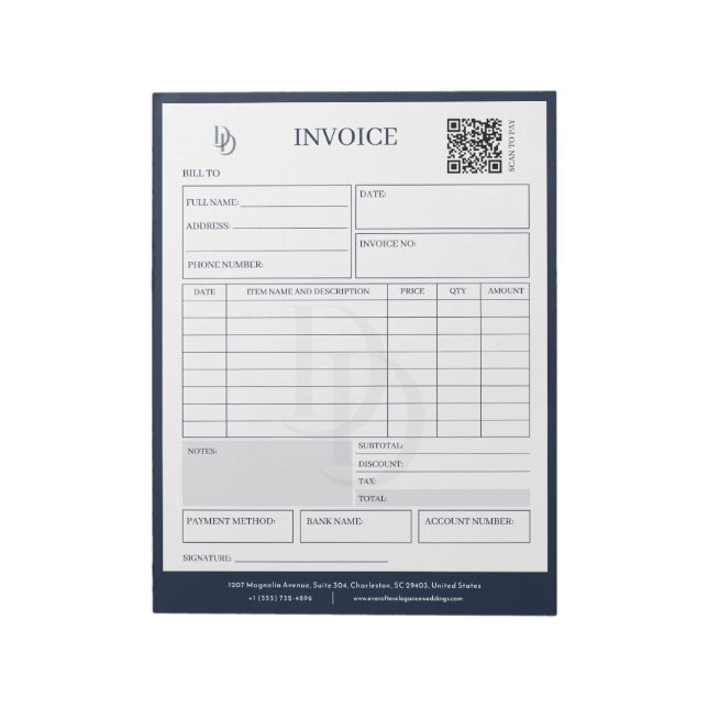 Custom Modern Navy Wedding Planner Invoice Billing Notepad (Rotated)