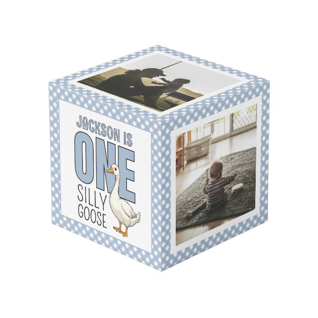 Custom Modern One Silly Goose 1st Birthday Photo Cube (Front Angled)