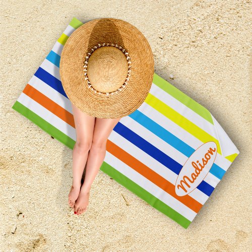 Custom Modern Orange Blue Green Yellow Stripes Beach Towel