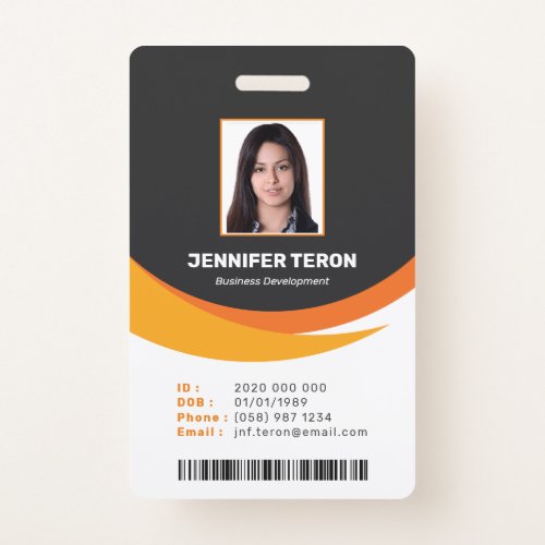 Custom Modern Orange Employee ID Card with barcode Badge